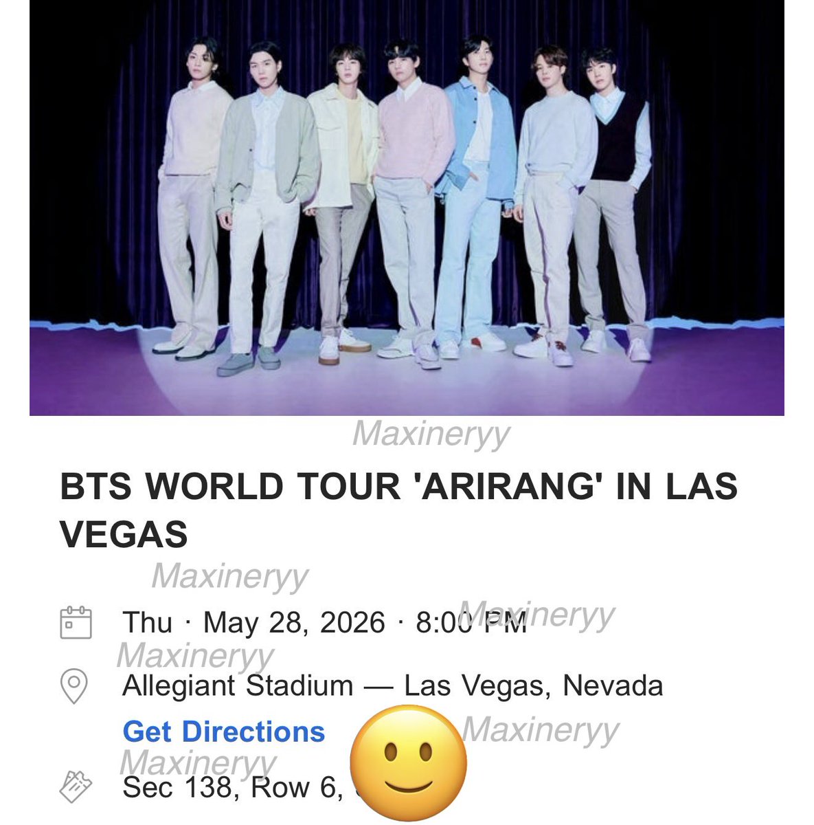 maxineryy's tweet image. Hello I’m selling this.

RFS: Got floor seats! ❤️
Please DM if interested.

#BTS_WORLDTOUR #btsworldtourlasvegas #ARIRANG_Tour #Arirang_BTS