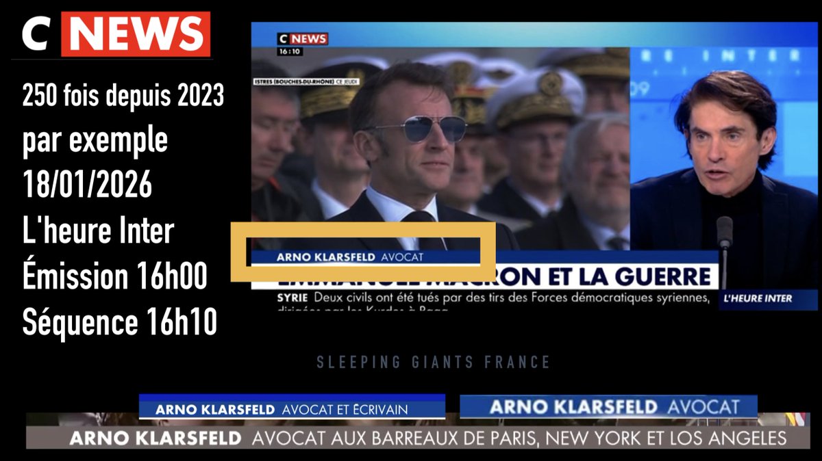 🔴 Saisine n° 2
Arno Klarsfeld est présenté sur #CNews comme avocat (plus de 250 fois en 3 ans), alors qu'il n'est pas avocat.
Il n'apparaît pas dans les registres du barreau de Paris, et a été suspendu des barreaux de New York et de Californie.
1/2