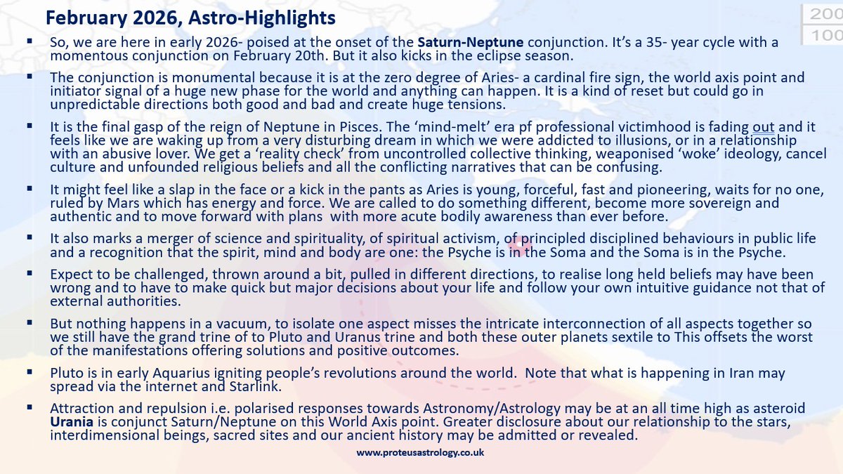 A slide series explaining the astrology of February 2026: Slide 3 proteusastrology.co.uk/2026/01/25/the… #astrology #firehorse #effects #SaturnNeptuneconjunction #Urania