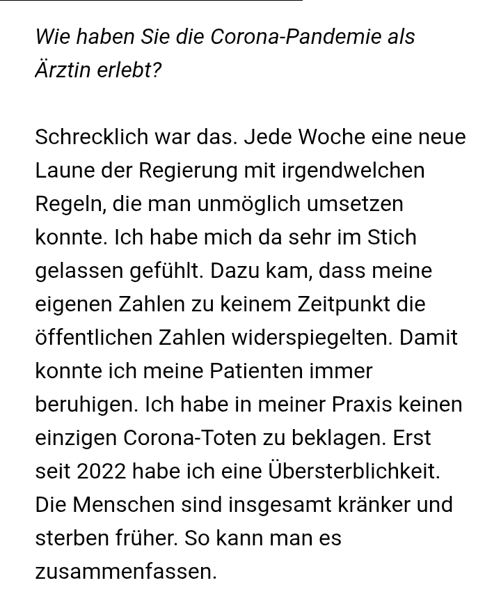 BBarucker's tweet photo. Eine Hausärztin aus Berlin spricht Klartext über die in ihrer Praxis nicht sichtbare Pandemie und die neuen Impfquoten, welche sie faktisch dazu zwingen, so viel wie möglich zu impfen: "Weil das Überleben des Arztes von seiner Impfquote abhängt. Ab 2026 sollen wir zuerst 7 Prozent unserer Patienten impfen, über die ersten zwei Quartale. Im dritten Quartal dann 25 Prozent und im vierten nochmal 25 Prozent. Das wird genau überprüft und genau bezahlt. Pro Patient kriegen wir für die Impfung zehn Euro. Und wie in der DDR kriegt man Prämien, wenn man mehr impft und das Plansoll übererfüllt. Aber die Leute werden nicht gesünder, wenn man sie mehr impft."
https://t.co/1dOGwyxGLG