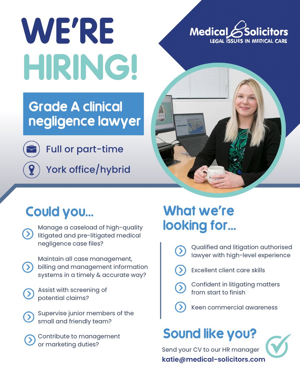 Are you a grade A clin neg lawyer looking for your next role? 
We’re looking for an experienced, commercially aware lawyer to join our team in York. 
Job spec here medical-solicitors.com/join-us/clinic…