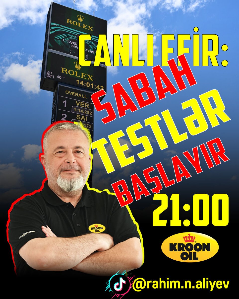 RahimNAliyev's tweet photo. Sabah Barselonada mövsümöncəsi testlərin ilk beşgünlük sessiyası başlayır. Bu münasibətlə axşam saat 21:00-da TikTokda CANLI yayımda danışacağıq.
 
Hamınızı axşam canlı efirdə gözləyirəm, aydın məsələdir ki, sonra sizin sualları cavablandıracağam, inşəAllah...
 
 #f1 #formula1 https://t.co/9br0kxyDDC