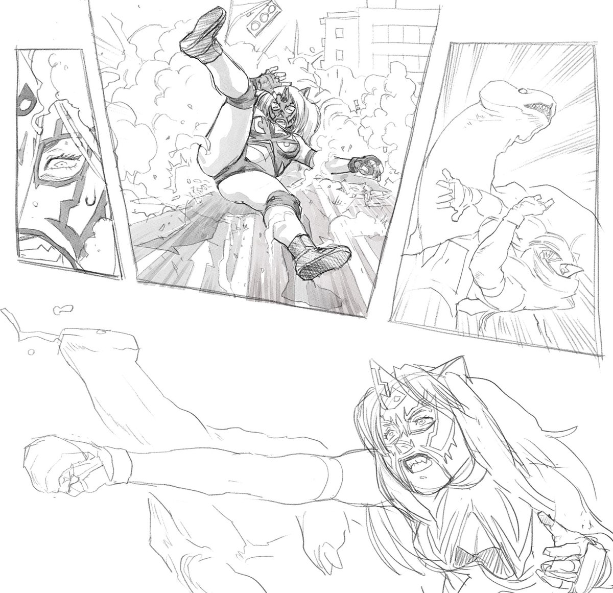どがーん ずず〜ん きっ ばごーん

2コマ目を描いてから、トリミングでおかしなカタチになったので、なんとなく前後をつけ足した訳なんだけど、描きたいとこから入ると他があからさまに力抜けてしまうのはいかんな。 