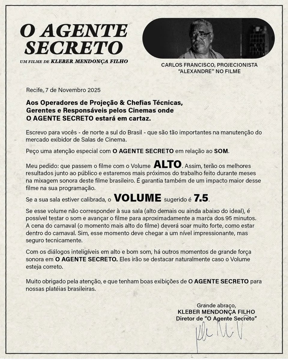 kmendoncafilho's tweet image. Queridos Cinemas, para lembrar de apresentar ao público O AGENTE SECRETO com o som ALTO &amp;amp; FORTE, 7.0/7.5. A sessão e o filme ficam mais crocantes 🗣️♥️

Obrigado! Kleber