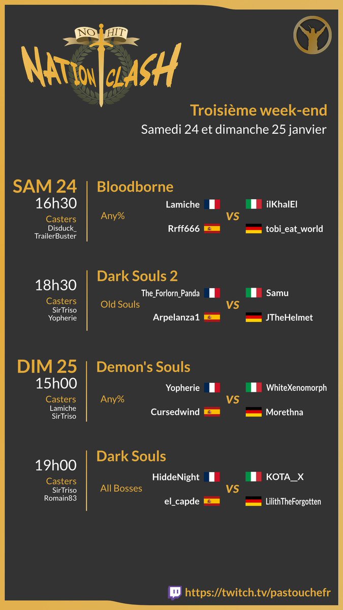 DLamiche's tweet photo. Sixième jour de Nation Clash ! Hier j'ai réussi à No Hit Bloodborne et Panda a fini avec 1 seul coup sa run DS2 Old Souls ! Pour l'instant la France et l'Espagne sont ex-aequo en terme de points ! https://t.co/ScnsKZpHmu