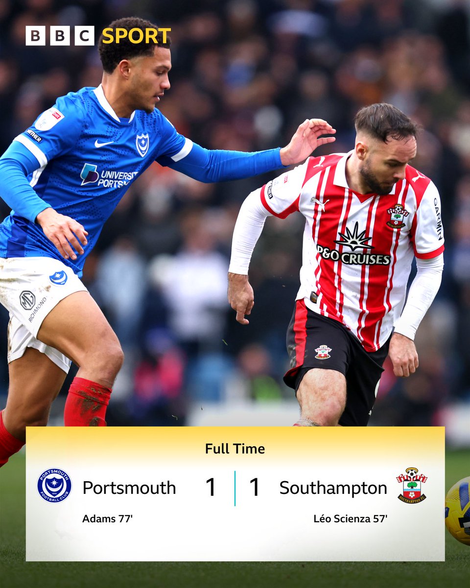 solentsport's tweet image. FULL-TIME ⏰

The 73rd edition of the South Coast derby has concluded, and the points are shared between #Pompey and #SaintsFC 🤝

What are your thoughts after that one, #Pompey and #SaintsFC fans? 😅

Match reaction to come on @BBCRadioSolent ⬇️
bbc.co.uk/programmes/m00…