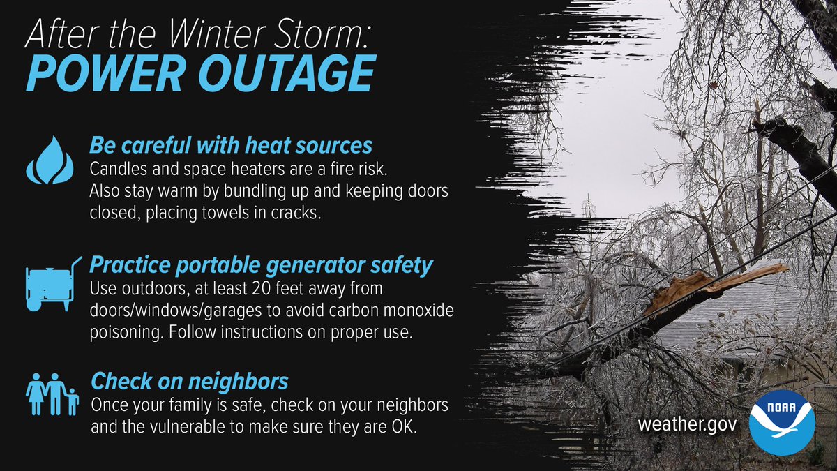 After the storm, if the power is out, here are some things you can do. Be careful with heat sources; use your portable generator safely, only outside, at least 20 feet away from the home; and check on your neighbors.