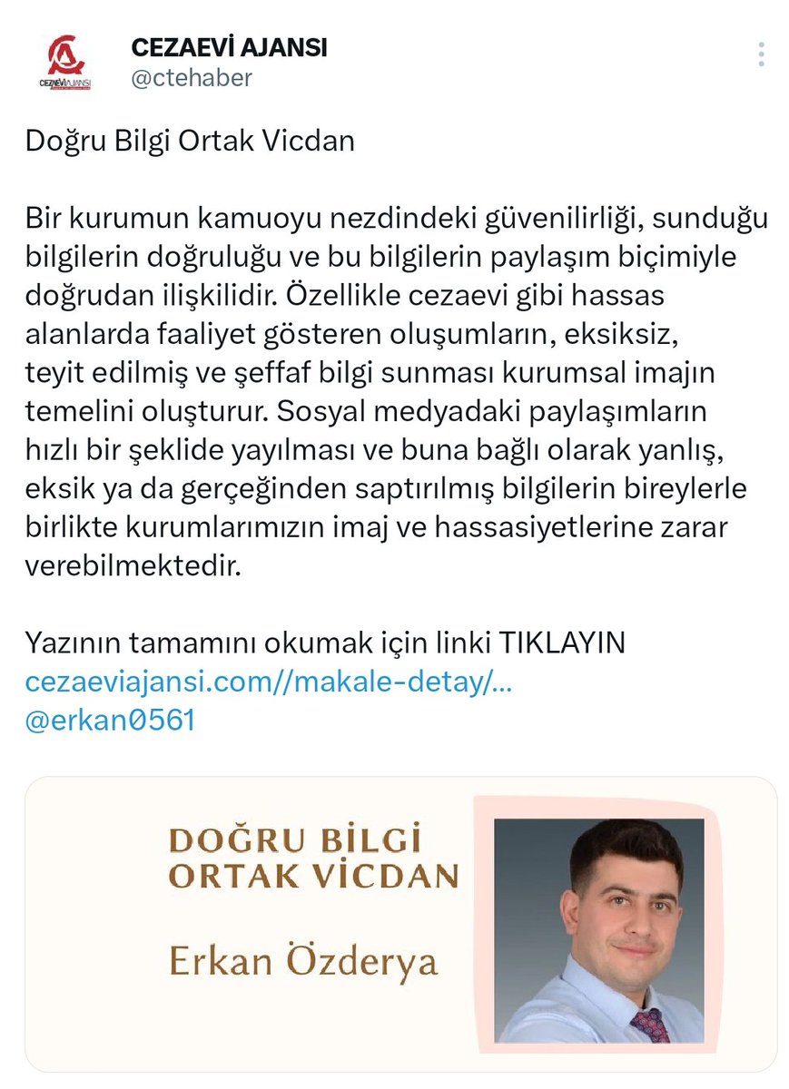 Doğru Bilgi, Ortak Vicdan...
Cezaevi Ajansı <a href="/ctehaber/">CEZAEVİ AJANSI</a> bünyesinde yazılarımız yayınlanmaya başlamıştır.Hayırlı  olsun...

Yazının tamamını okumak için linki TIKLAYIN
cezaeviajansi.com//makale-detay/…