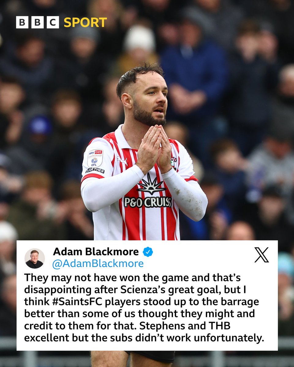solentsport's tweet image. #SaintsFC took the lead in the derby but ended up sharing the points with rivals Portsmouth this afternoon 😇

Here's @AdamBlackmore's reaction after the full-time whistle, with more reaction to come with Goin' Home live from Fratton Park at 3:15PM⬇️
bbc.co.uk/sport/football…