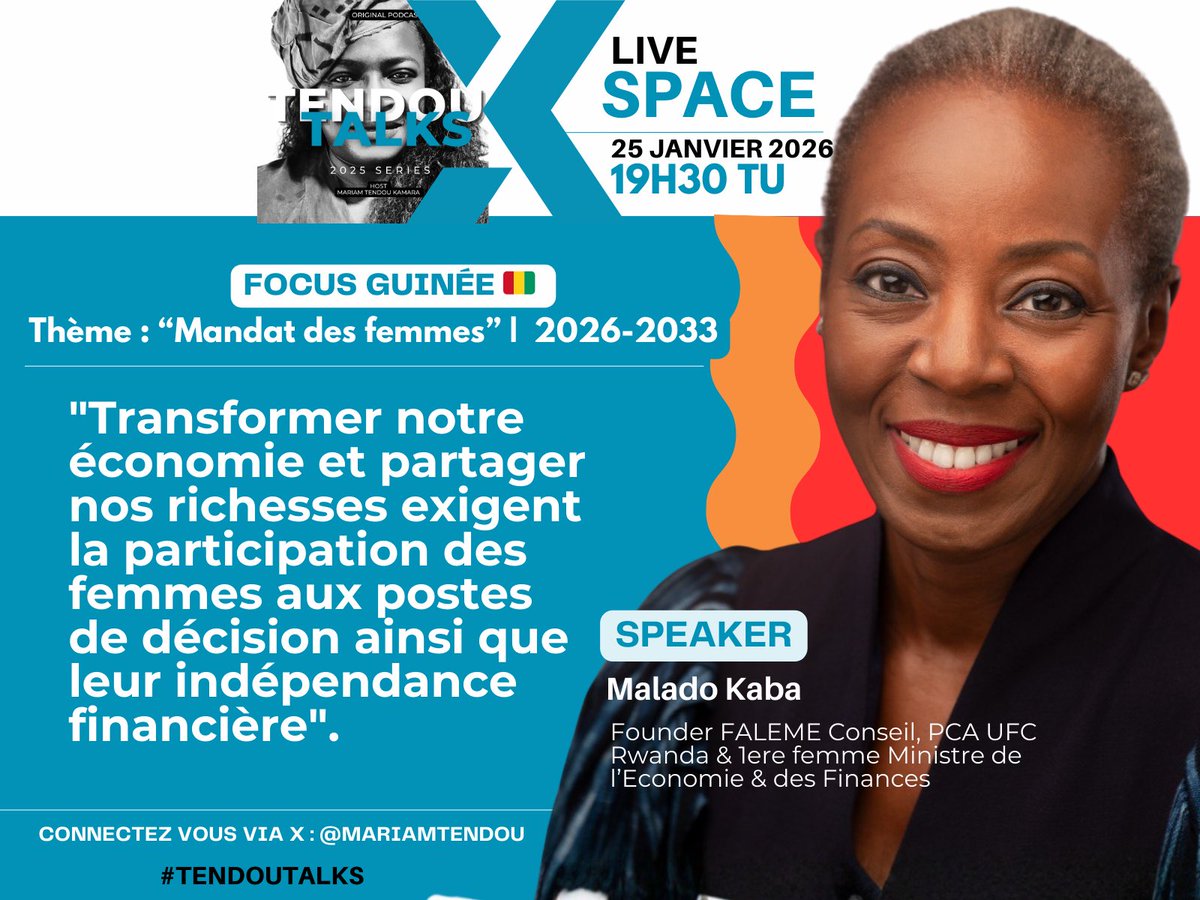 Malado KABA: "Transformer notre économie et partager nos richesses exigent la participation des femmes aux postes de décision ainsi que leur indépendance financière".

Rendez-vous ce soir ! ✅ 19h30 TU
SpaceX Focus #Guinee sur « Mandat des Femmes | 2026-2033 » 
LIEN