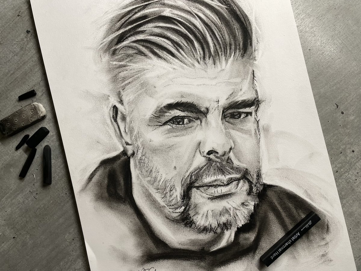 GregSmithArt's tweet photo. The first instalment of a new charcoal challenge. In recent years I’ve had the pleasure of meeting a new circle of friends. A group of like-minded lads brought together through the Pretty Green brand. Chris/Craig/Steve. A3. January 2026. https://t.co/ZY7KCQQA0U