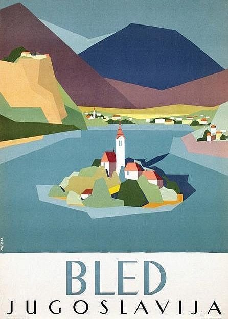Vintage tourism poster for Lake Bled, Slovenia, 1950s.