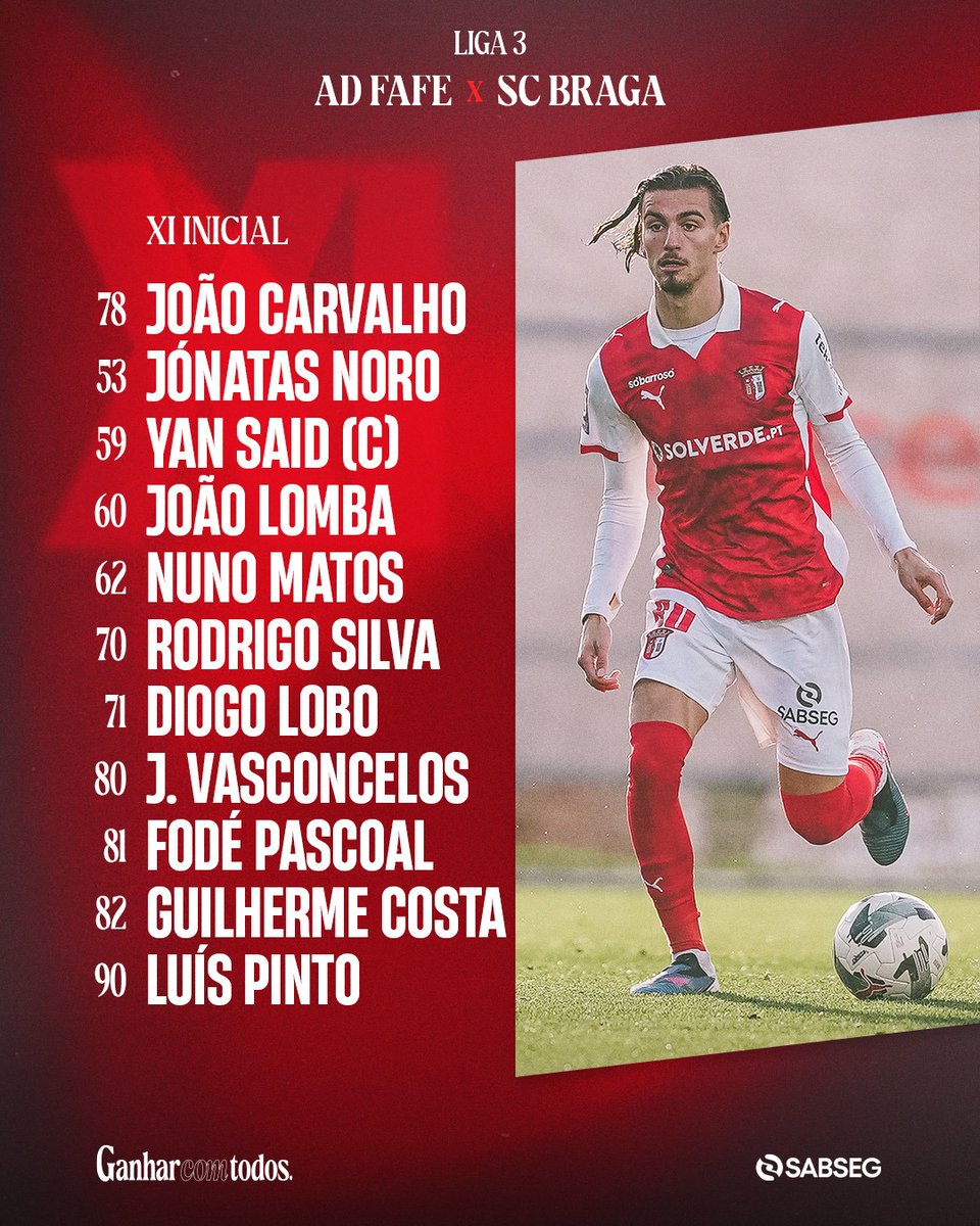 scbragaformacao's tweet photo. 📋 | 11 INICIAL - LINE UP
Equipa pronta para o jogo em Fafe 🔥
#Liga3 | #ADFSCB | #GanharComTodos | #PuroFutebol https://t.co/hJDWkLMW7E