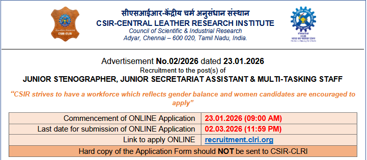 indiangovtjobs's tweet image. ✅ CSIR CLRI Recruitment 2026 Apply Online (13 Junior Stenographer, JSA &amp;amp; MTS Posts)

🔗 indgovtjobs.in/2026/01/clri-r…

#CLRI #CSIR