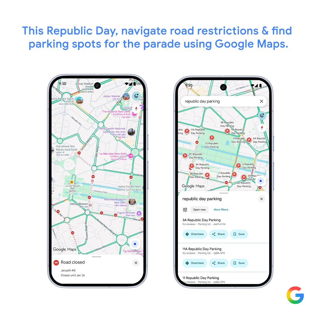 Plan your #RepublicDay journey like a pro! 🇮🇳

We’re excited to partner with the Delhi Traffic Police <a href="/dtptraffic/">Delhi Traffic Police</a> to help you navigate around the city smoothly on and around January 26th. 

1️⃣ Open Google Maps.
2️⃣ Follow the real-time traffic diversions and best routes to get