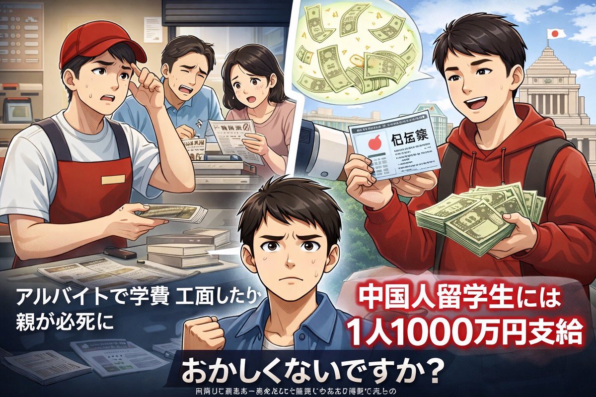 26ers_bp115's tweet image. 有権者の皆さんへ。
特に日本の若者へ。
親が必死に働き、自身もバイトしながら学費を払ってきた人も多いはず。
なのに政府は中国人留学生に1人1000万円、返済不要で支給。
原資は私たちの税金。
日本人は借金、外国人は給付。
おかしいと思いませんか？
だからこそ選挙に行こう！