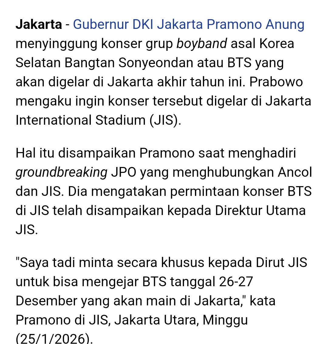 rockstarstae's tweet image. *Disclaimer : Untuk venue memang blm ada announce dr promotor.

Intinya dari statement pak Pramono berharap BTS bisa menggelar konser di JIS pada 26–27 Desember. Makanya, beliau secara khusus minta Direktur Utama JIS buat mengejar peluang tersebut karena menurutnya fasilitas JIS
