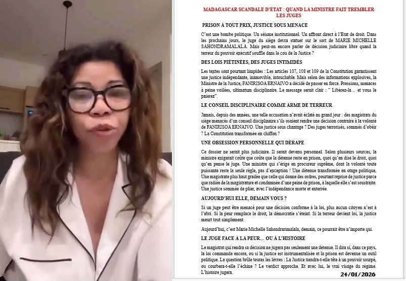 MADAGASCAR : QUAND LA MINISTRE FANIRISOA FAIT TREMBLER LES JUGES
PRISON À TOUT PRIX, JUSTICE SOUS MENACE
Bombe politique, séisme institutionnel, affront direct à l’État de droit. Dans les prochains jours, le juge du siège devra statuer sur le sort de MARIE MICHELLE SAHONDRAMALALA
