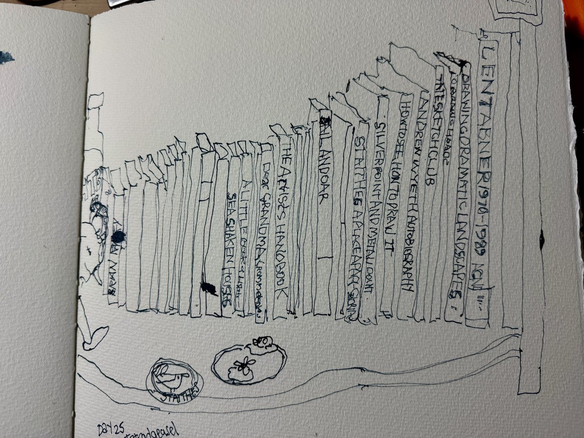 staithesartist's tweet photo. Day25 #stradaeasel #stradaeaselchallenge2026 #penadinkdrawing A recently tidied corner of my #studio. Until recently full of years of receipts and ‘important’ papers. Now organised into a shelf of books, some featuring people I know. https://t.co/RaT6muQ1BQ