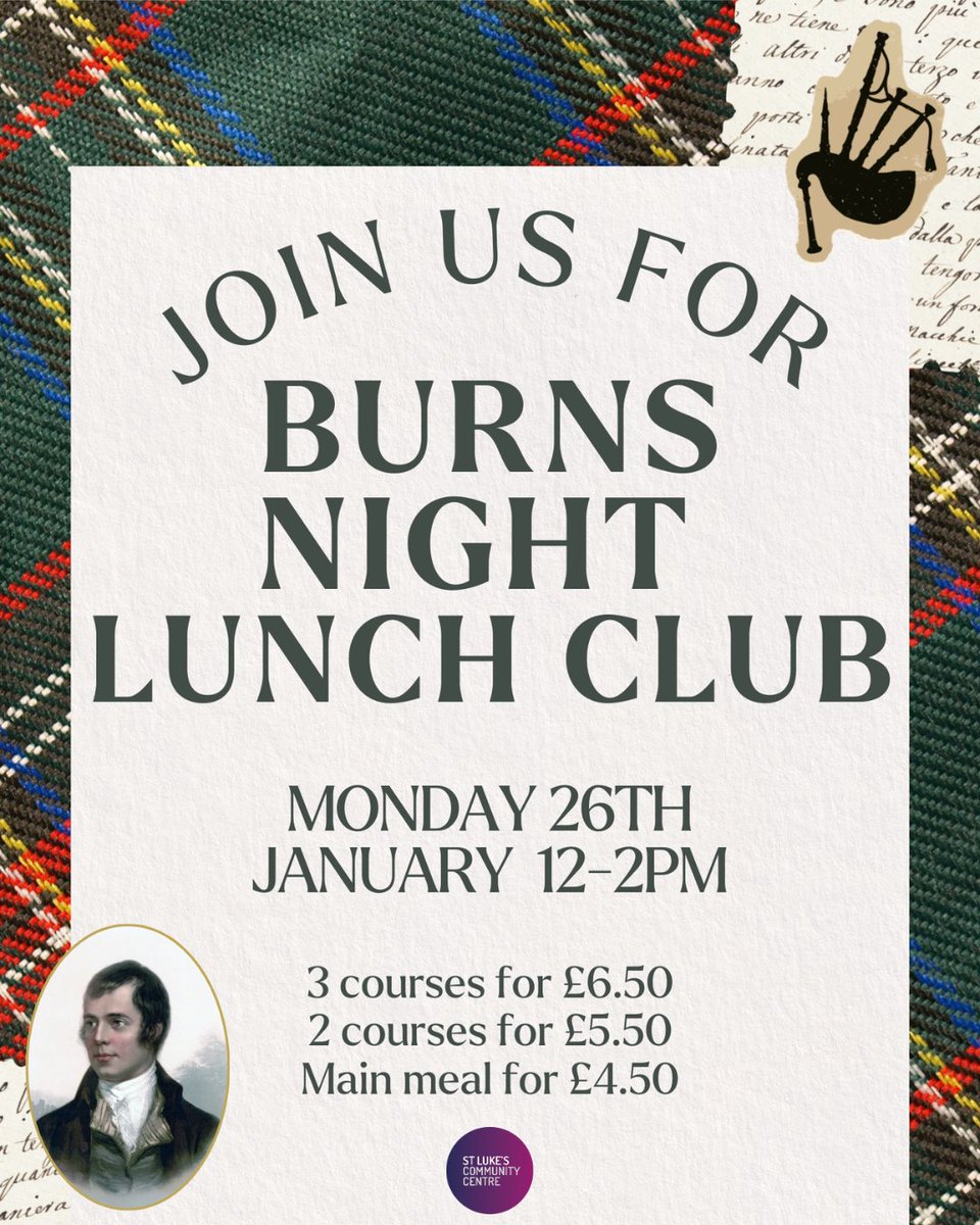 StLukesTrust's tweet image. We're celebrating Burns Night at St Luke's! 🤩Lunch Club members, please come along to our special Lunch Club TOMORROW!💙

Not a member? 😗See if you are eligible here: slpt.org.uk 😊

#burnsnight #lunchclub #localfood