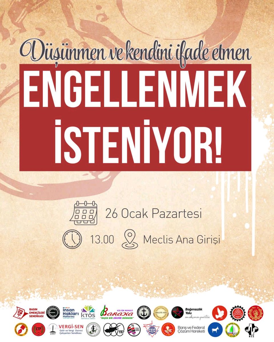 Düşünmek ve kendini ifade etmek engellenmek isteniyor. Buna sessiz kalmayacağız! 

UBP-DP-YDP Hükümeti’nin hepimizi susturmak maksadıyla değiştirmeye çalıştığı Ceza Yasası ve Bilişim Suçları Yasası’na dur demek için yarın 13’te Meclis Ana Girişi önünde toplanıyoruz!