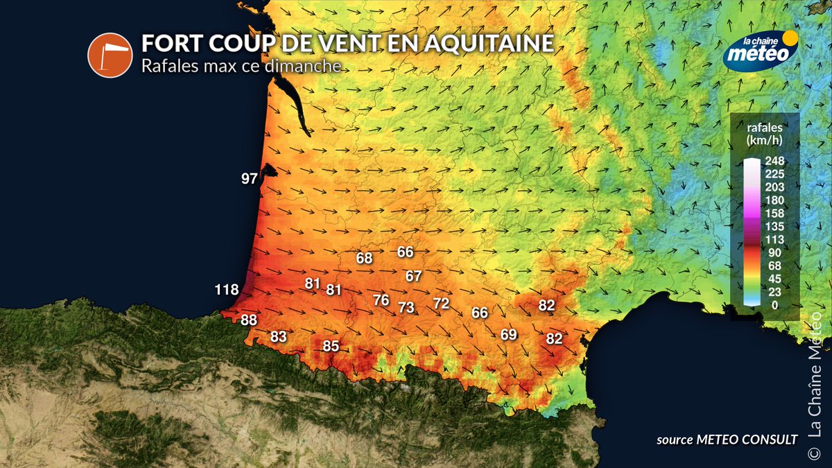 ⚠️🚩🌊 Attention si vous habitez dans le sud de l'Aquitaine et notamment le pays basque où un net renforcement du vent va se mettre en place en fin de journée, avec des rafales >110 km/h localement et des vagues de 7 mètres.