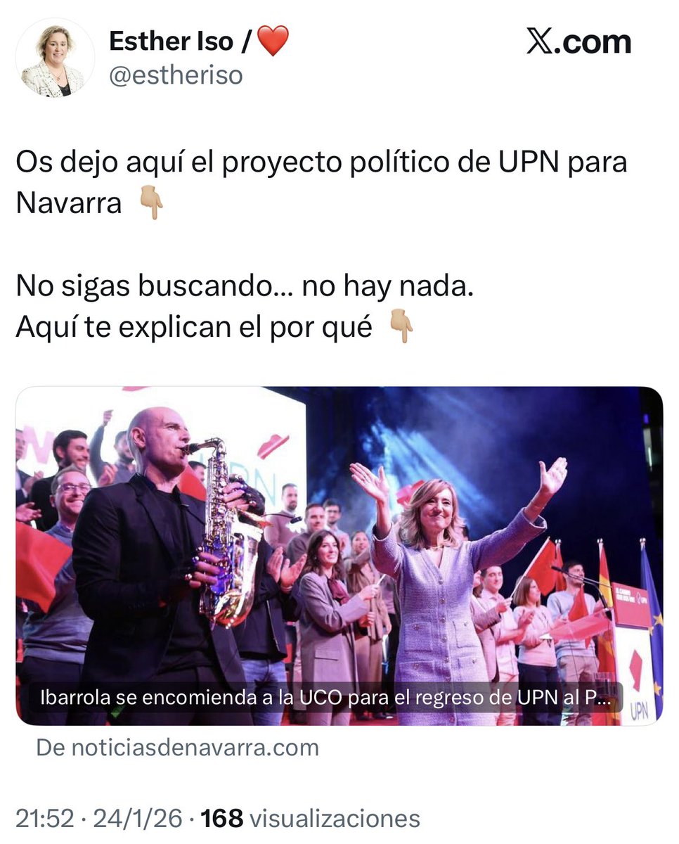 Ya te lo explico yo,Esther.

Lo primero,lee fuentes solventes. 

Segundo, el proyecto de UPN: Bajar impuestos, generar riqueza, competitividad, atraer talento, conectividad, mejorar sanidad, educación e infraestructuras.

Y tolerancia cero con la corrupción. Chivite está acabada.