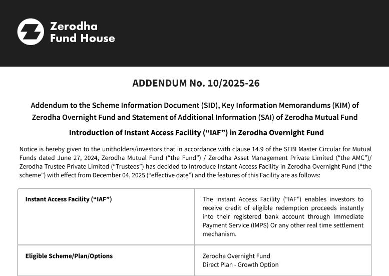 Zerodha Mutual Fund House has enabled 24x7 instant withdrawal facility in Zerodha Overnight Fund.

➡️ Feature will be available even on weekends &amp; bank holidays.

➡️ ₹50,000 or 90% of the investment value can be withdrawn per PAN per day for units held in SoA format (non-demat)