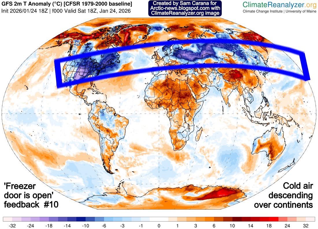 peakaustria's tweet image. JET STREAM DISTORTION

The Jet Stream used to keep cold air in the Arctic, separated from warmer air at lower latitudes. A distorted Jet Stream causes the Arctic to heat up strongly, while lower latitudes get colder, as illustrated by the image below, showing the temperature…