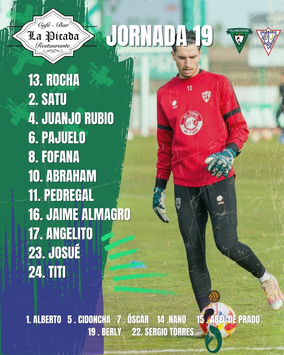 ALINEACIÓN ⚔️

Nuestro equipo presenta hoy el siguiente ONCE

*Alineación patrocinada por Restaurante Bar La Picada 

#QueNosSigamosViendo
#VillanovenseCalamonte