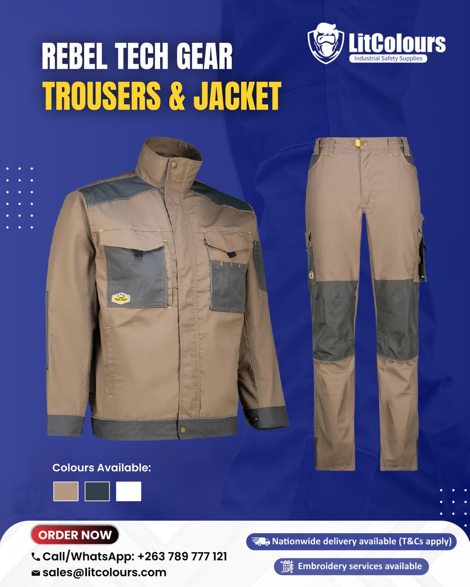 Available ✅

Rebel Tech Gear trousers &amp; jackets for both men and women. Built for work. Built to last.

Catalogue: wa.me/c/263789777121

Call/WhatsApp: +263 789 777 121 
📍 Room FFG, Oasis Mall, 12 Herbert Chitepo Street, Mutare