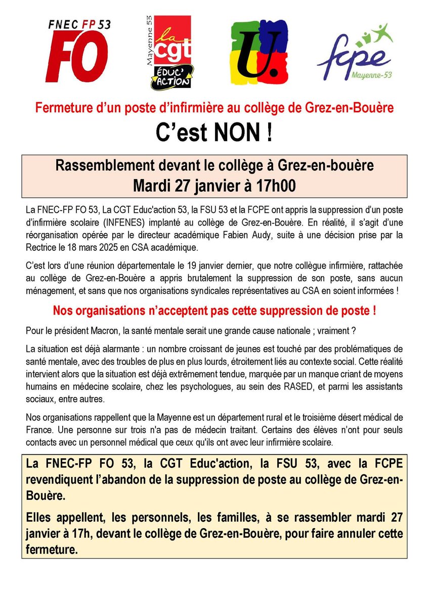 🚨 ANNULATION DE LA SUPPRESSION DU POSTE D’INFIRMIÈRE SCOLAIRE À GREZ-EN-BOUÈRE 🚨
📣 RASSEMBLEMENT DEVANT LE COLLÈGE
🗓 Mardi 27 janvier
⏰ À partir de 17h
👩‍🏫👨‍👩‍👧‍👦 Collègues, parents, élus, défenseurs de l’école publique :
➡️ Rejoignez massivement le rassemblement