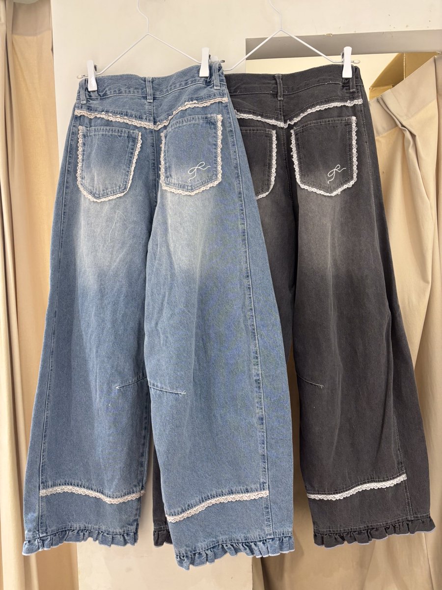 ▷おすすめアイテム バレルレッグリボンデニムパンツ ブルー/グレー