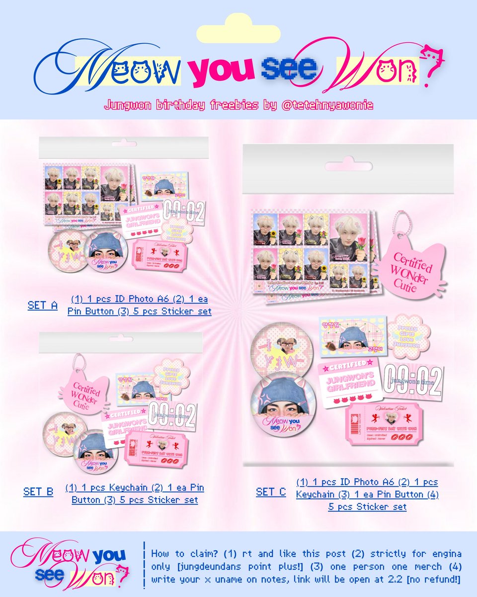 ⋮ ⌗┆☎️ interest check🪽

ℳꫀꪮᥕ ᥡꪮᥙ ᥉ꫀꫀ ᥕꪮᥒ? . .🙀💭 
[Jungwon bday freebies by defii]

Hal👀 aku buat freebies bday for my lovely won🩷 any1 wanna be tagged..? drop ur pretty @ >__⭐ link tba &amp; will be open at 2.2

TnC:
☘︎ Engina only ot7
☘︎ RT &amp; like this post