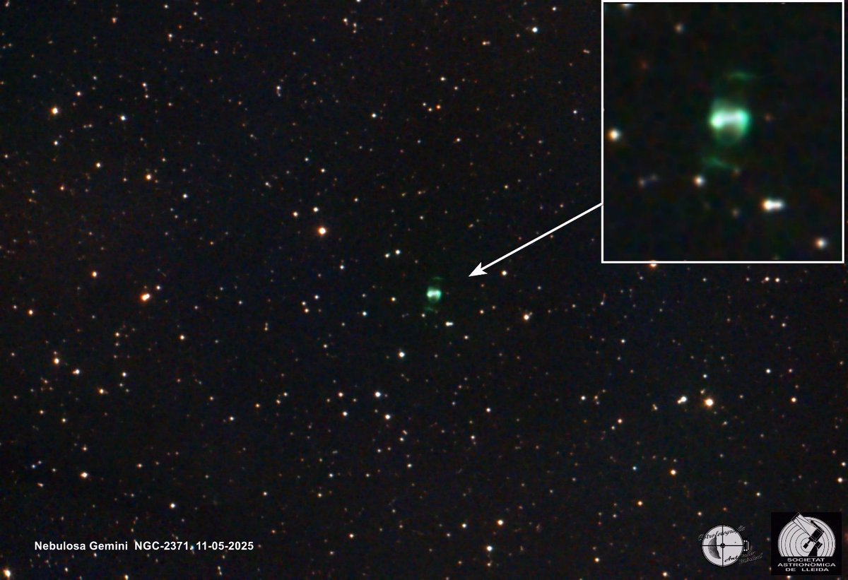🌌 NGC 2371, la "Double Bubble Nebula" a Gèminis! Nebulosa planetària bipolar a 4.300 anys llum. Sembla dues bombolles o un cacauet còsmic. Estrella central a 133.000 °C! 🔥
Imatge espectacular d'Antonio Mòdol (SALL) 🔭✨
#NGC2371 #Astrofotografia #Astronomia #astrolleida
