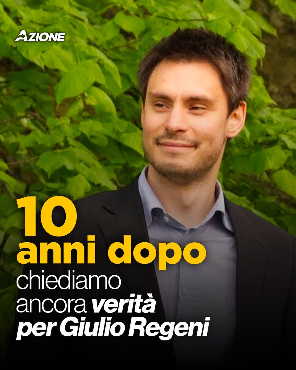 Azione_it's tweet photo. Esattamente dieci anni fa Giulio Regeni, ricercatore italiano, veniva sequestrato in Egitto, per poi essere torturato e ucciso. Dopo dieci anni, però, la verità non è ancora venuta a galla.

Chiediamo alle autorità competenti e al governo di non spegnere la luce su questo caso e di fare tutto il possibile per garantire giustizia a Regeni e alla sua famiglia, a cui ci stringiamo in questa giornata di ricordo per un giovane ragazzo la cui unica colpa è stata quella di svolgere la sua professione con amore e libertà.