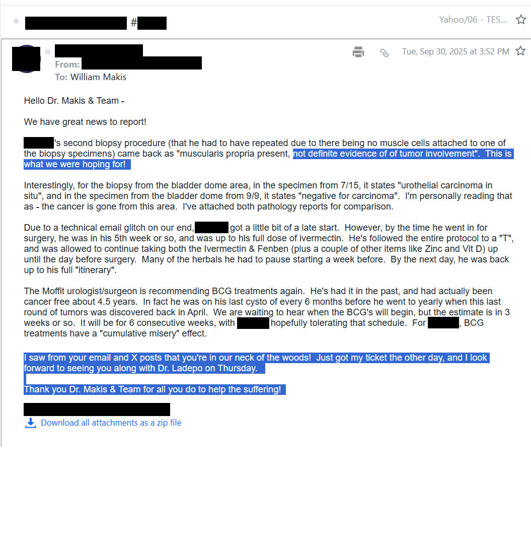 MakisMedicine's tweet image. NEW ARTICLE: IVERMECTIN, FENBENDAZOLE, CBD Oil, MCP Testimonial - 63 year old Florida man with Recurrent Bladder Cancers reports after 5 months - biopsy is negative!

A positive "Florida man" story for a change!! 😂

STORY:
63 year old Florida man with Recurrent Bladder Cancers…