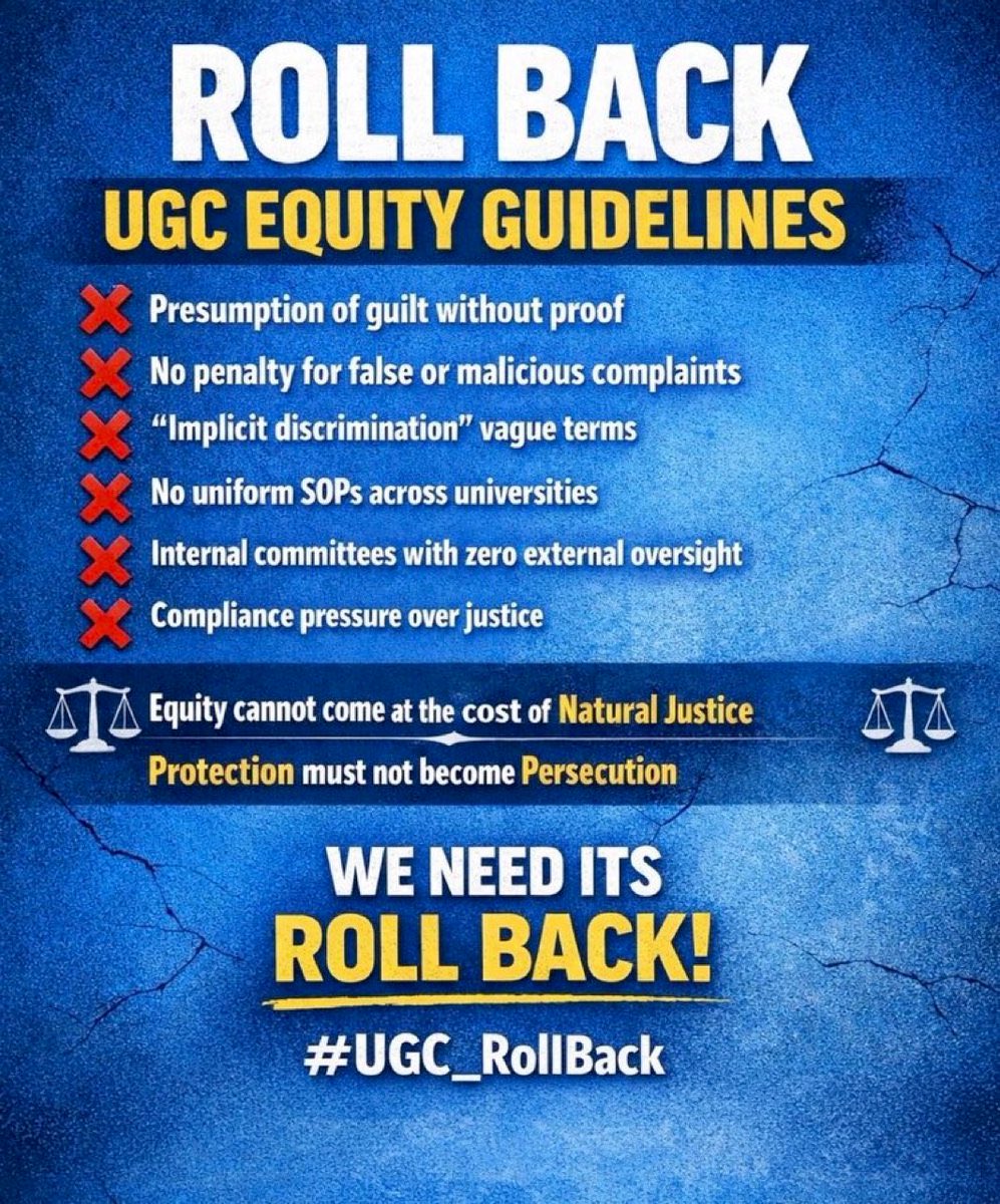 UGC 's discrimination law should be roll back. This increases unwanted irregularities in campus.

This law does’t promote equity rather perpetuates tyranny. Why the culpability must not be ensured of those who make false complaint?

#SameOnUGC 
#Rollback_UGC #UGCAct_BlackAct