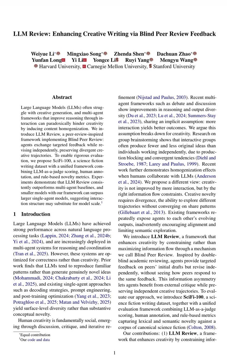 ハーバード大学などの研究者らによると、LLMを活用してクリエイティブな原稿を書くには、まず複数体に異なる方針（人間主義的、未来志向、環境志向など）を割り当て、そして以下を繰り返すそう。

1.全員が同じテーマで原稿を書く
2.各エージェントが他エージェントの原稿にフィードバックを書く