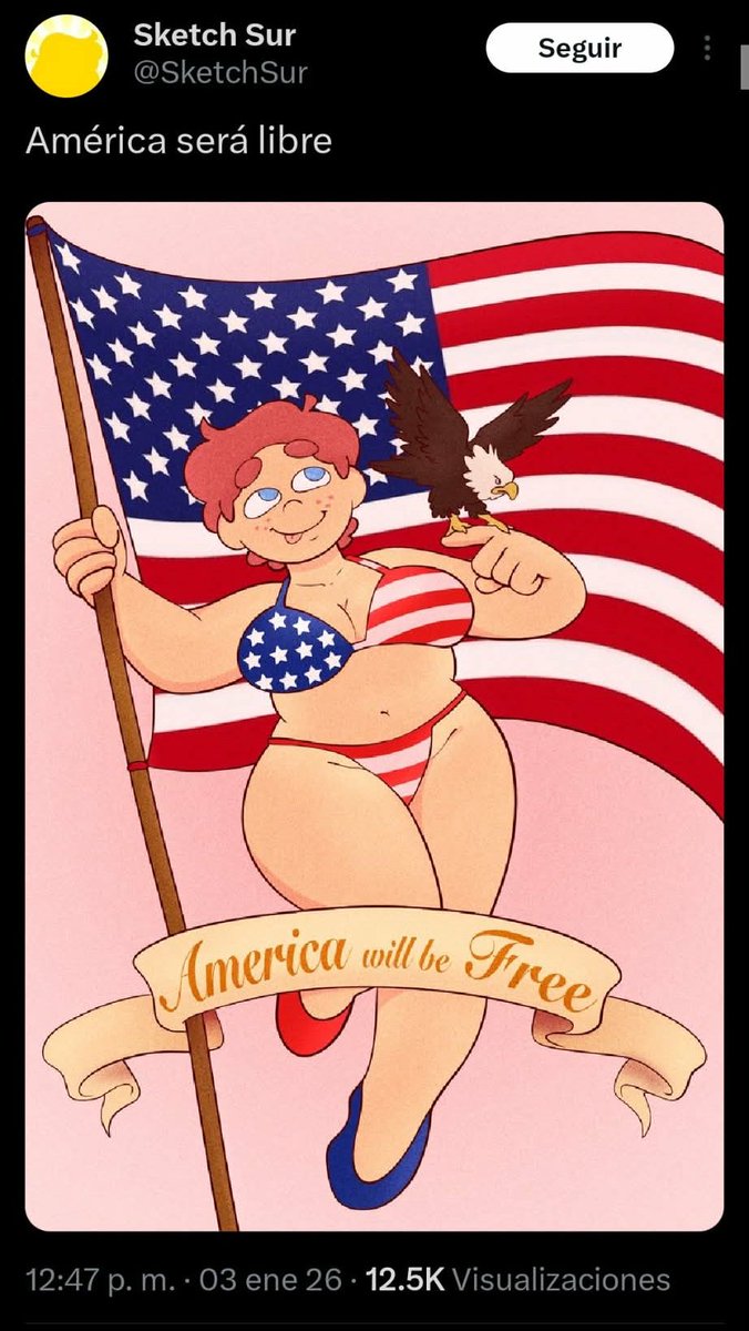 lazy_ghost_zzz's tweet photo. ...a drawing of one of his characters wearing a bikini with the American flag. The problem is that he did this on the very day that the US government bombed the city of Caracas. When people flooded him with negative comments, he deleted the art but kept it on X
(+) https://t.co/z0Omy5CA8Q
