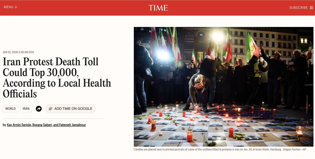 lordivan22's tweet photo. 🚨Irã 🇮🇷: Funcionários do Ministério da Saúde iraniano disseram à “TIME” que até 30.000 pessoas podem ter sido mortas em apenas dois dias (8–9 de janeiro) durante a repressão das forças de segurança em meio a protestos anti-regime em todo o país. https://t.co/6kP0fn1UAj