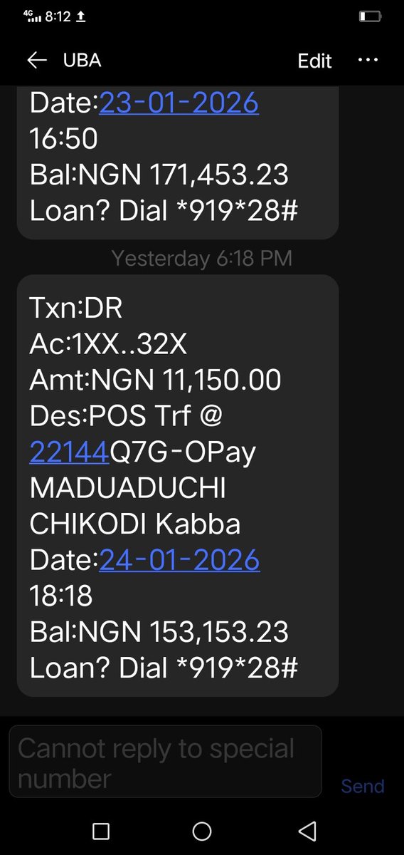 Hello UBA.

My last 2 transaction, first balance was N171, 453.23
I withdrew N11,150.00
Instead of my balance to be N160,303.23 (even with charges I now have N153,153.23
Pls what happened to N7,000 that disappeared?
Account no is 1003497325