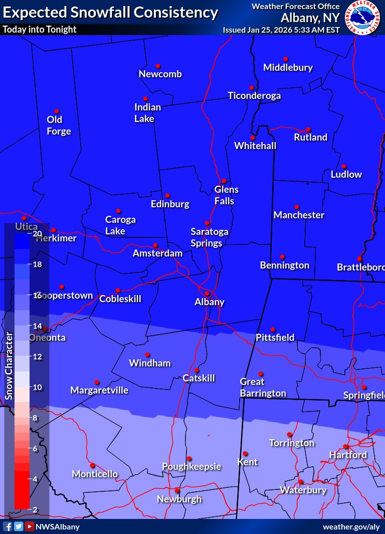 Our latest forecast has increased snow totals by a couple inches for most of the region except for the I-84 corridor where sleet this evening could cut down on snowfall amounts. Snow will generally be light and fluffy, and could accumulate at 1-3" per hr at times this PM/evening
