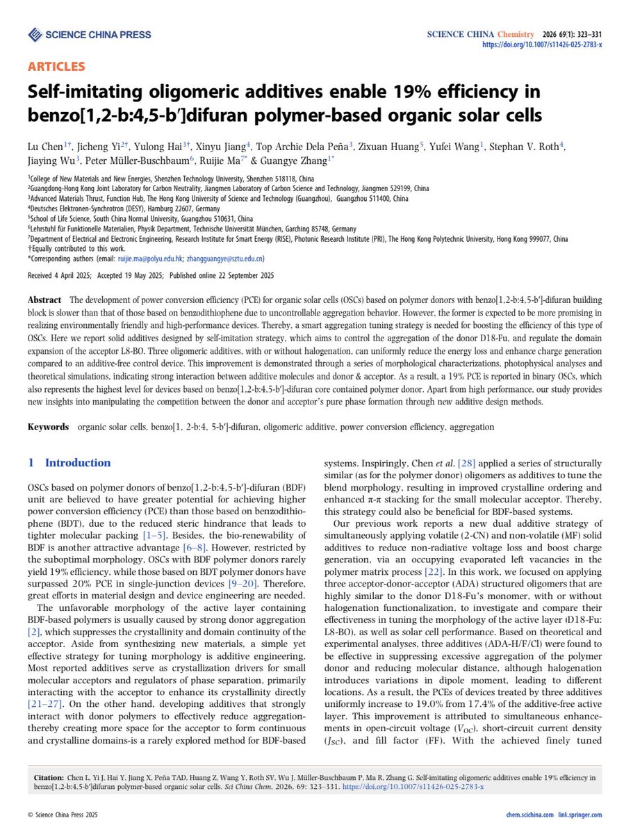 muller_group's tweet image. Collaborator Chen et al in Science China Chemistry (@ChinaSci): Self-imitating #oligomeric #additives enable 19% efficiency in benzo [1, 2-b: 4, 5-b′] difuran #polymer-based #organic #solar cells

Sci. China Chem. 69, 323-331 (2026)

doi.org/10.1007/s11426…