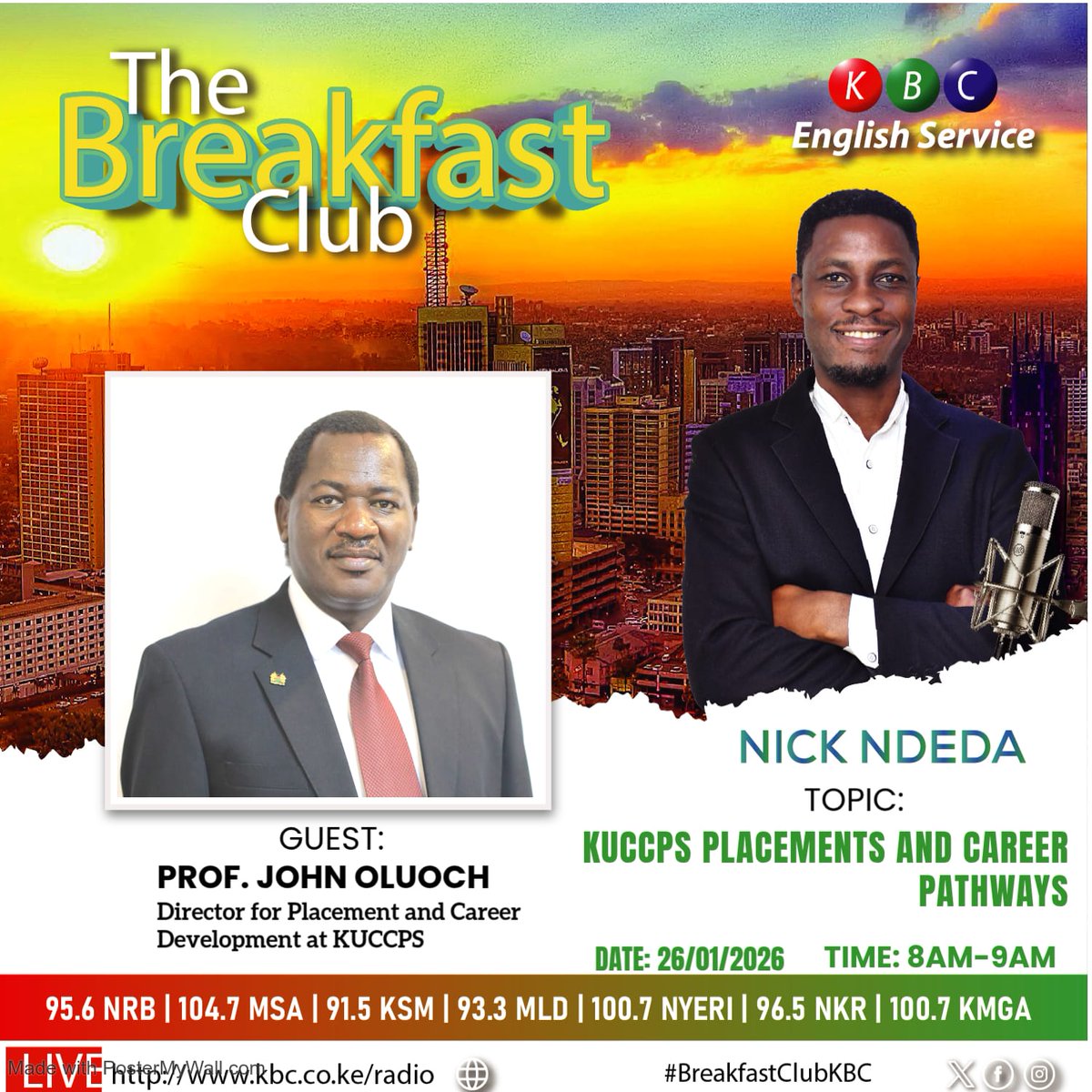 Join <a href="/KUCCPS_Official/">The Placement Service</a> CEO, Dr. Agnes Mercy Wahome, PhD, and Director, Placement Coordination and Career Development, Prof. John Oluoch, as they discuss placement of students to universities and colleges and career pathways.

Monday, 26/1/2026:  Inooro TV, 9am – 11am | KBC English