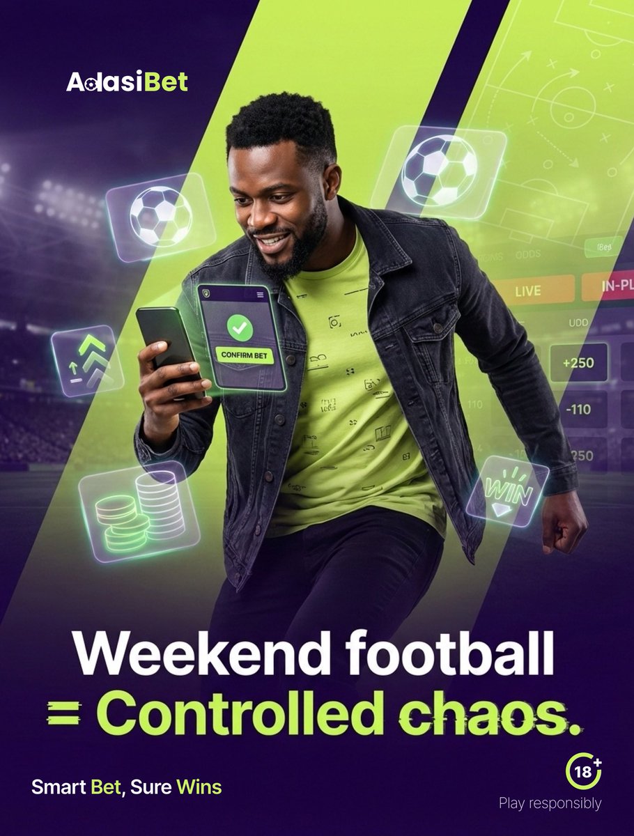 adasibet's tweet photo. Football gets louder on weekends.
Smart players stay disciplined.
#AdasiBet
#WeekendAction
#PlaySmart
#SmartbetSurewins https://t.co/hZTH1fxUm4
