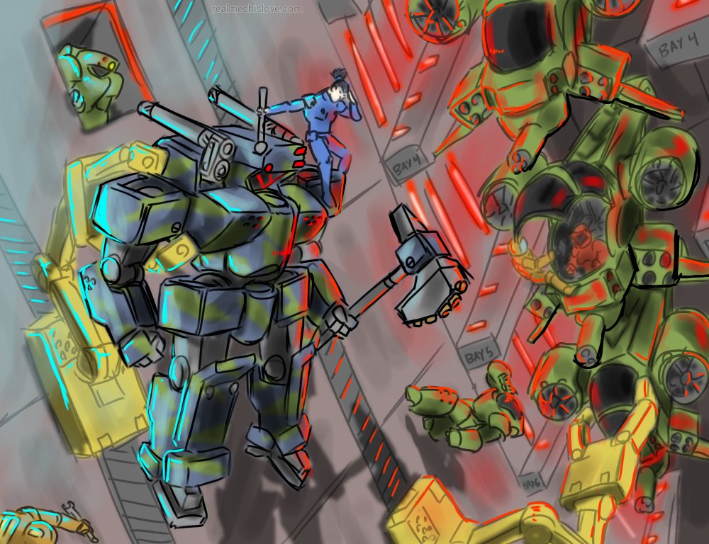 Moving mechs and vtols
(From my RMIL Men setting)

In the hangar of a carrier, a command mech is being moved to a transport.  VTOLs are stacked atop each other.