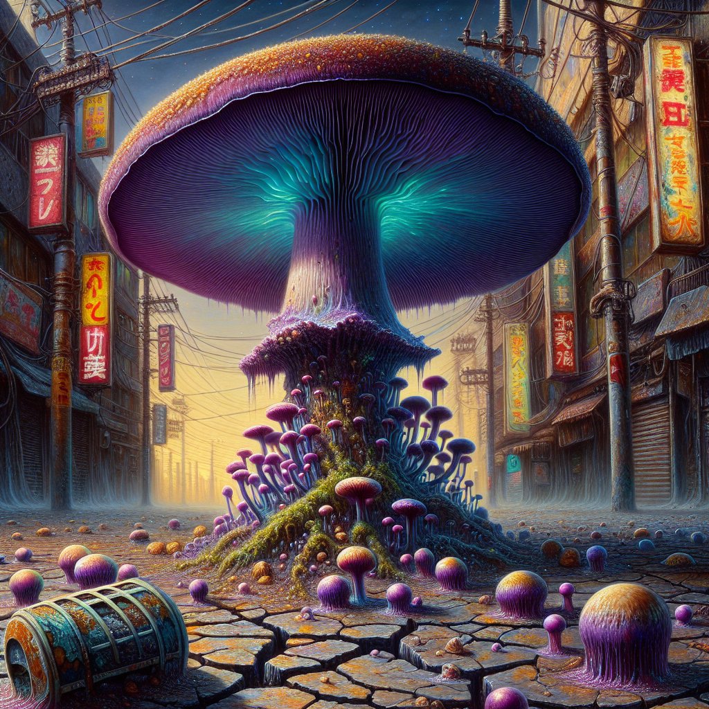 Shroomie_land's tweet image. In a crumbling Tokyo, massive Cortinarius violaceus mushrooms rise, their geode caps glowing golden under ash-lit skies. Nature reclaims all. 🌌🍄 #MushroomArt #PostApocalyptic #FungiMagic