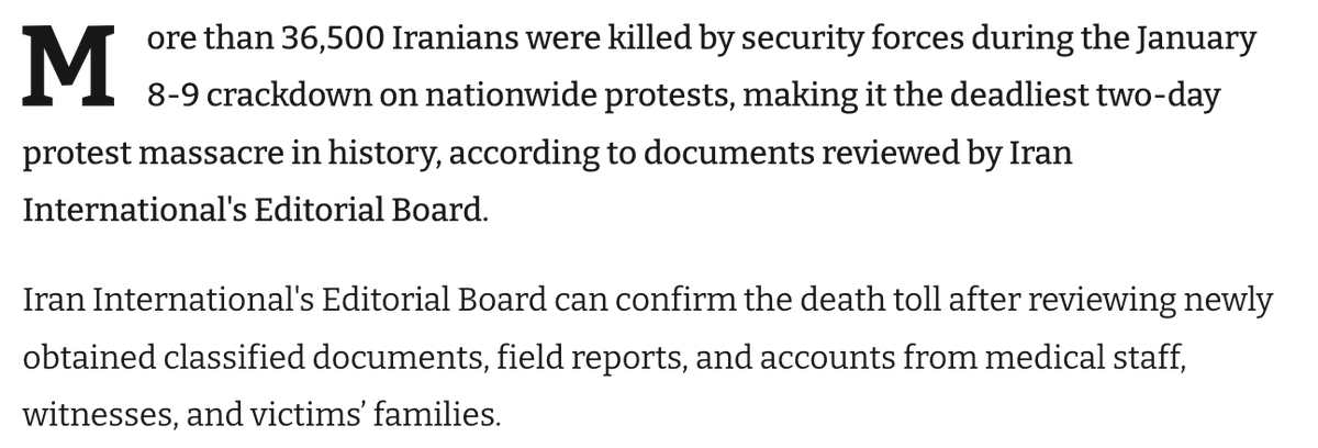BREAKING: More than 36,500 Iranians were killed by security forces during the January 8-9 crackdown on nationwide protests, according to classified documents, field reports, accounts from medical staff, witnesses, and victims' families - Iran International