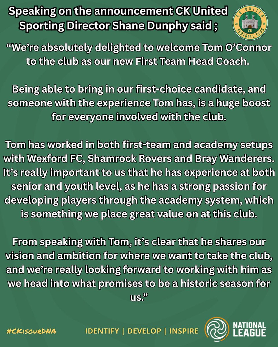 ckutdfc's tweet photo. CK UTD are delighted to announce Tom O’Connor as our new First Team Head Coach. 

Tom currently holds a A UEFA Elite Youth A license

Tom has extensive experience across the League of Ireland environments at clubs including Shamrock Rovers FC, Wexford FC, and Bray Wanderers FC. https://t.co/ufgEe885Uo